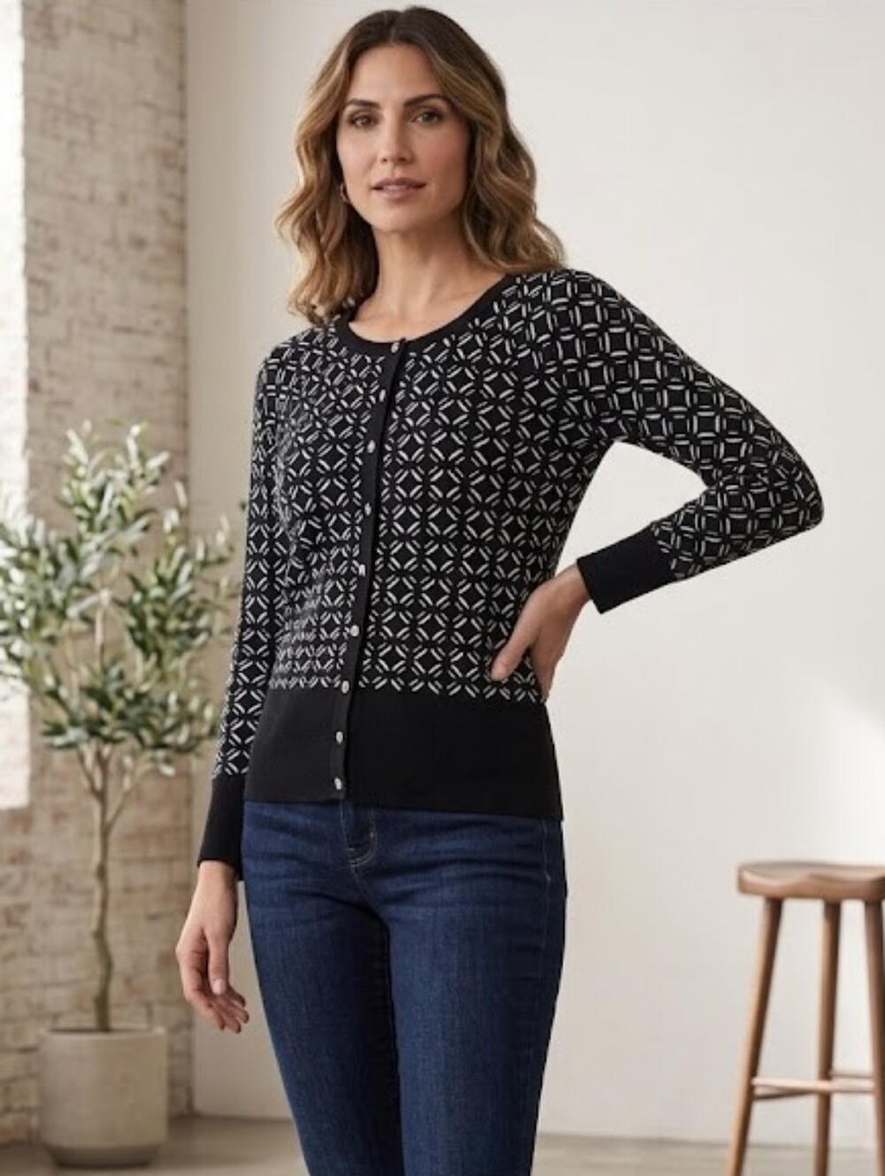 White House Black Market Black and White Patterned Crewneck Cardigan